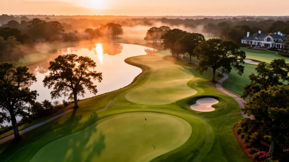 Championship golf course at golden hour with mist over the fairway